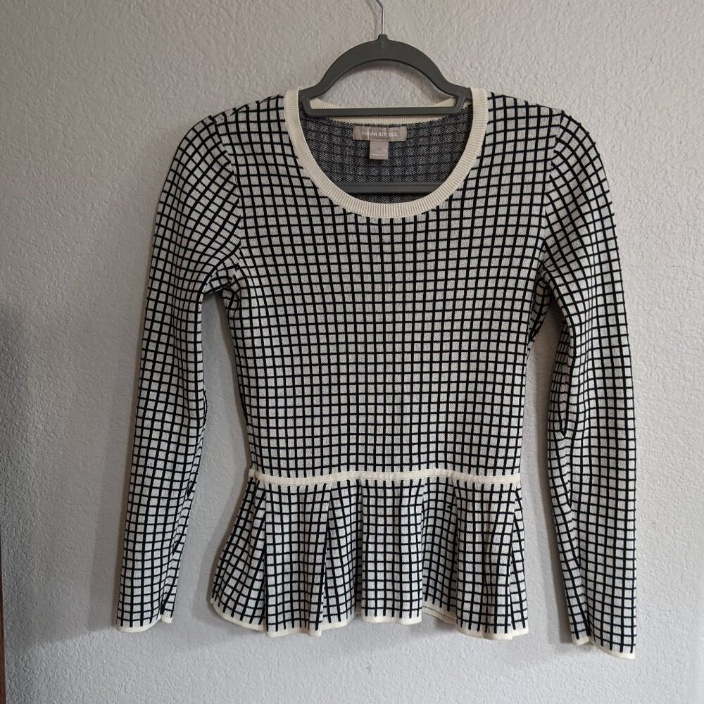 Banana Republic Long Sleeve Peplum Top Black White Plaid 100% Cotton Stretchy